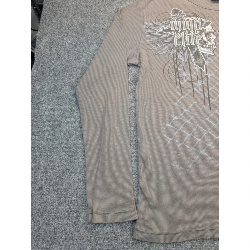 MMA Elite Shirt Mens 2XL Gray‎ Waffle Thermal Long Sleeve Skull Cross Graphic